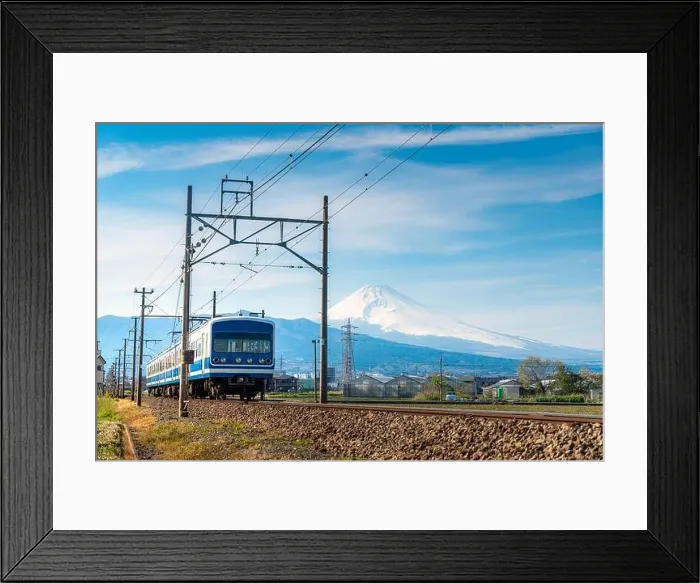 Framed Print : A local train of JR Izuhakone Tetsudo-Sunzu Line traveling through the countryside on a sunny winter day and Mt. Fuji in Mishima, Shizuoka, Japan Framed Print : A local train of JR Izuhakone Tetsudo-Sunzu Line traveling through the countryside on a sunny winter day and Mt. Fuji in Mishima, Shizuoka, Japan