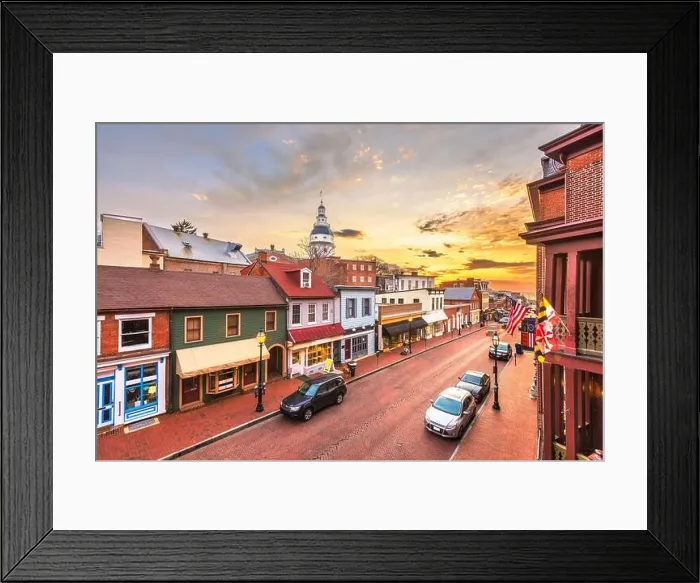 Framed Print : Annapolis, Maryland, USA downtown view over Main Street with the State House at dawn Framed Print : Annapolis, Maryland, USA downtown view over Main Street with the State House at dawn