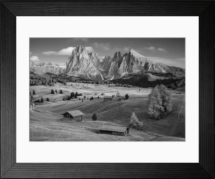 Framed Print : Seiser Alm, Dolomites. Black and white landscape image of Seiser Alm a Dolomite plateau and the largest high-altitude Alpine meadow in Europe Framed Print : Seiser Alm, Dolomites. Black and white landscape image of Seiser Alm a Dolomite plateau and the largest high-altitude Alpine meadow in Europe
