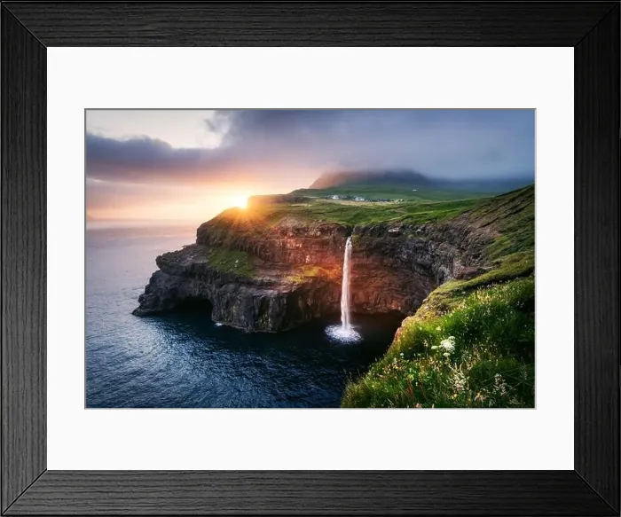Framed Print : Incredible sunset view of Mulafossur waterfall in Gasadalur village, Vagar Island of the Faroe Islands, Denmark. Landscape photography Framed Print : Incredible sunset view of Mulafossur waterfall in Gasadalur village, Vagar Island of the Faroe Islands, Denmark. Landscape photography