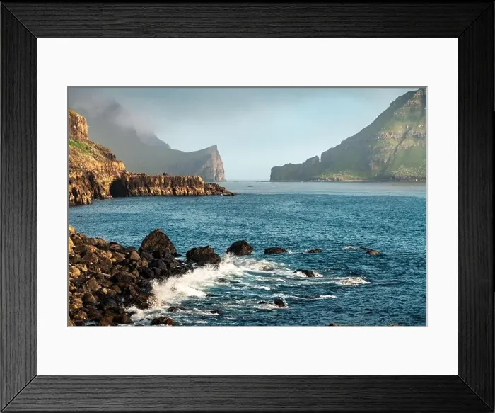 Framed Print : Dramatic view on Drangarnir and Tindholmur sea stacks in Atlantic ocean from Gasadalur village on Vagar island, Faroe Islands. Landscape photography Framed Print : Dramatic view on Drangarnir and Tindholmur sea stacks in Atlantic ocean from Gasadalur village on Vagar island, Faroe Islands. Landscape photography