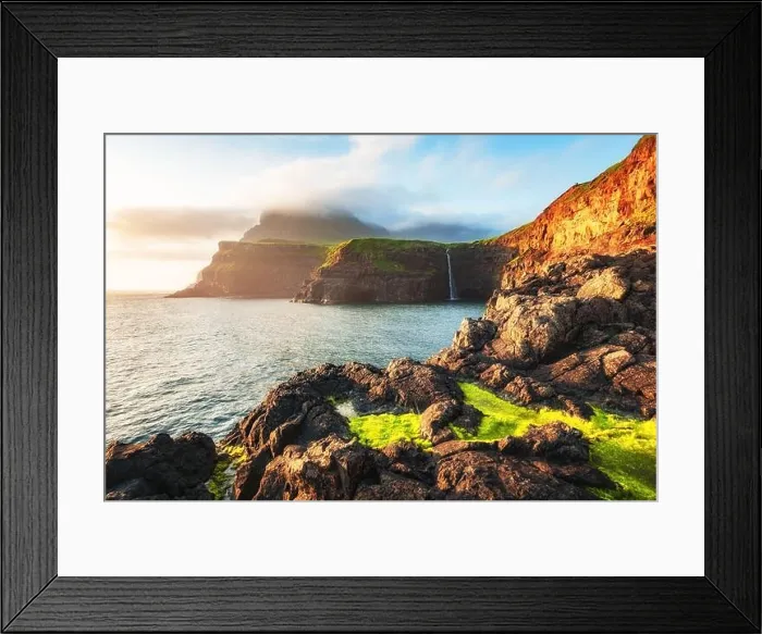 Framed Print : Incredible view of Mulafossur waterfall in Gasadalur village, Vagar Island of the Faroe Islands, Denmark. Landscape photography Framed Print : Incredible view of Mulafossur waterfall in Gasadalur village, Vagar Island of the Faroe Islands, Denmark. Landscape photography