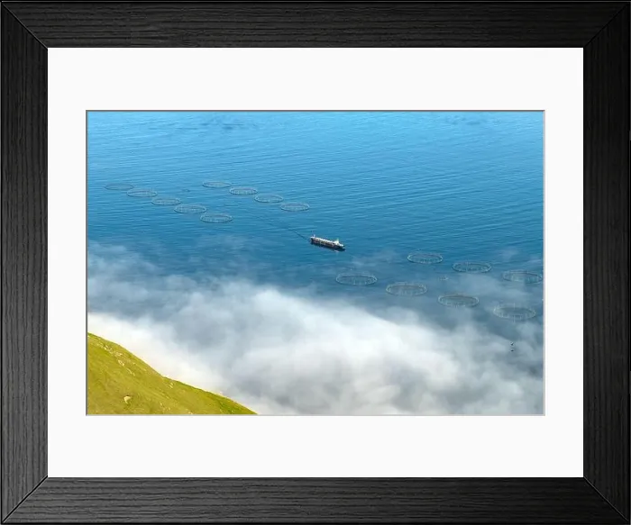 Framed Print : Fish farm with ship on foggy fjords of Funningur, Eysturoy island, Faroe Islands. Landscape photography Framed Print : Fish farm with ship on foggy fjords of Funningur, Eysturoy island, Faroe Islands. Landscape photography