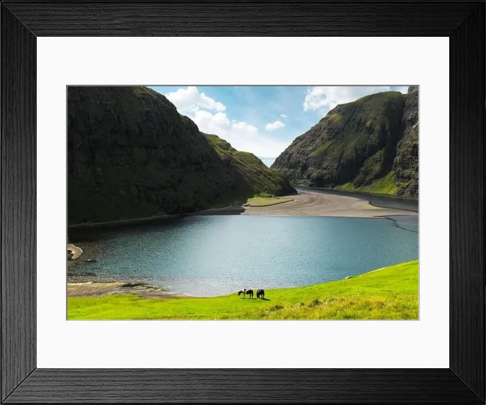 Framed Print : Amazing summer view on Pollurin Laguna in Saksun village. Beauty landscape with two horses on lush green meadow and high mountains Framed Print : Amazing summer view on Pollurin Laguna in Saksun village. Beauty landscape with two horses on lush green meadow and high mountains