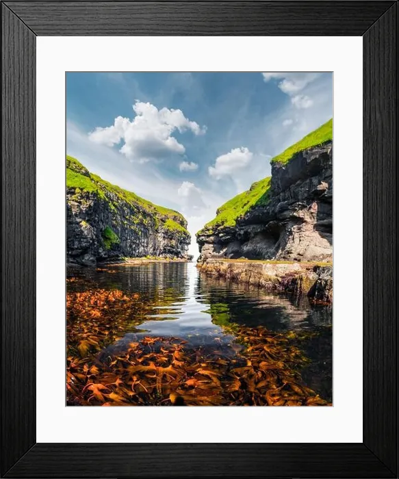 Framed Print : Beautiful view of dock or harbor with clear water and red seaweed in Gjogv village, Eysuroy island, Faroe Islands, Denmark. Landscape photography Framed Print : Beautiful view of dock or harbor with clear water and red seaweed in Gjogv village, Eysuroy island, Faroe Islands, Denmark. Landscape photography
