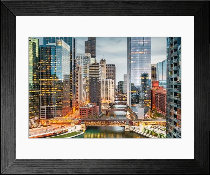 Framed Print : Chicago, IL, USA downtown cityscape on the Chicago River at dusk Framed Print : Chicago, IL, USA downtown cityscape on the Chicago River at dusk