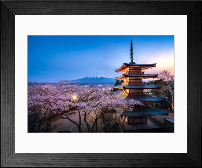 Framed Print : Fujiyoshida, Japan at Chureito Pagoda and Mt. Fuji in the spring with cherry blossoms full bloom during twilight. Japan Landscape and nature travel, o Framed Print : Fujiyoshida, Japan at Chureito Pagoda and Mt. Fuji in the spring with cherry blossoms full bloom during twilight. Japan Landscape and nature travel, o