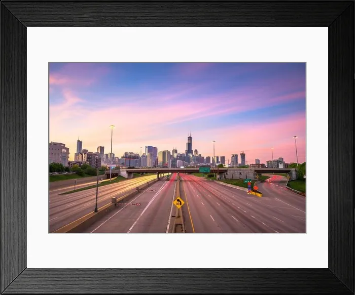 Framed Print : Chicago, IL, USA downtown cityscape highways at dawn