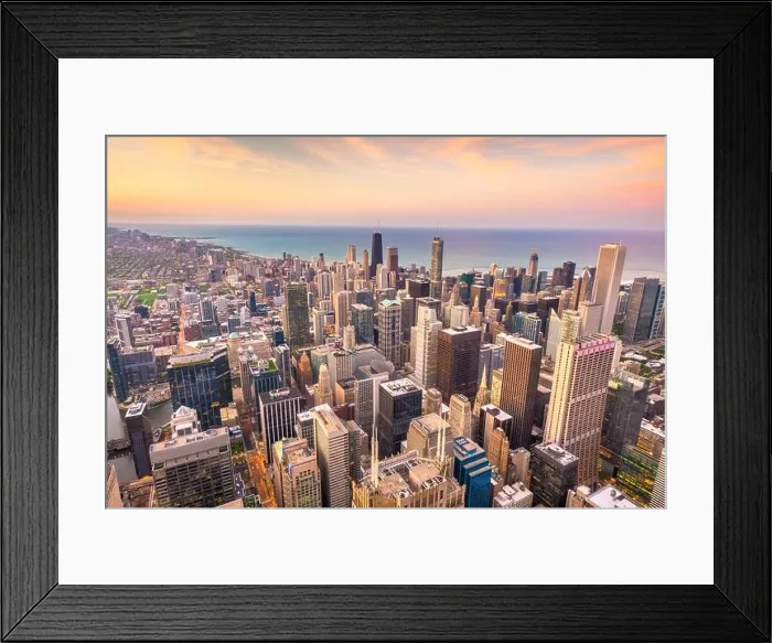 Framed Print : Chicago, Illinois, USA aerial cityscape towards Lake Michigan at dusk Framed Print : Chicago, Illinois, USA aerial cityscape towards Lake Michigan at dusk