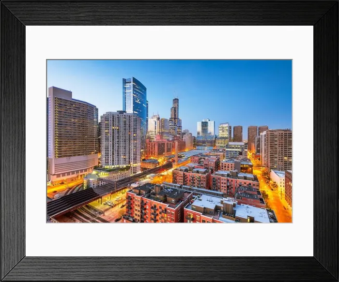 Framed Print : Chicago, Illinois, USA downtown cityscape and tracks at dusk Framed Print : Chicago, Illinois, USA downtown cityscape and tracks at dusk