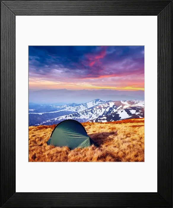 Framed Print : Green tent on amazing meadow in spring mountains in sunset time. Landscape photography, travel concept Framed Print : Green tent on amazing meadow in spring mountains in sunset time. Landscape photography, travel concept