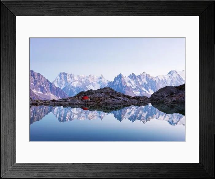Framed Print : Red tent on Lac Blanc lake coast in France Alps. Monte Bianco mountains range on background. Landscape photography, Chamonix Framed Print : Red tent on Lac Blanc lake coast in France Alps. Monte Bianco mountains range on background. Landscape photography, Chamonix