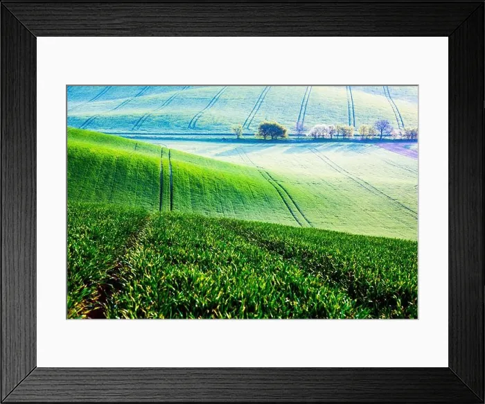 Framed Print : Abstract rural landscape with green agricultural fields and trees on spring hills. South Moravia region, Czech Republic Framed Print : Abstract rural landscape with green agricultural fields and trees on spring hills. South Moravia region, Czech Republic