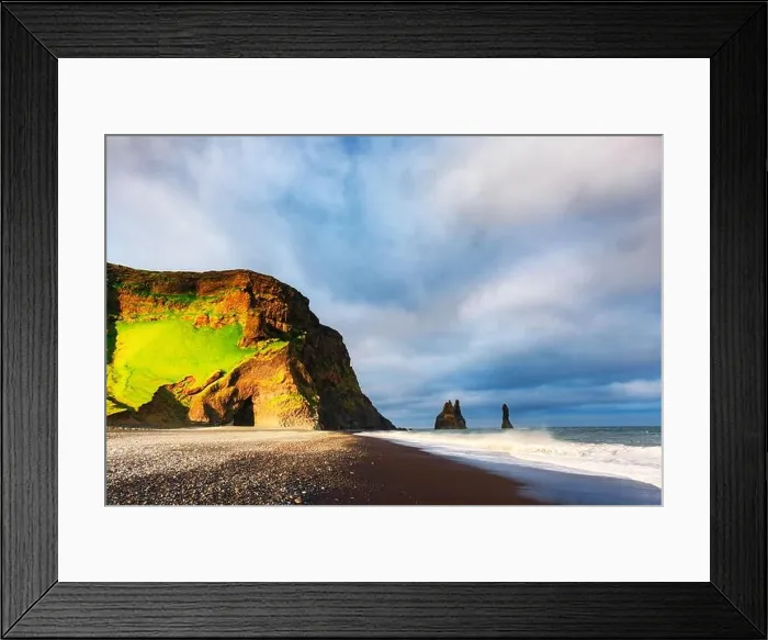 Framed Print : Incredible view on Black beach and Troll toes cliffs in cloudy weather. Reynisdrangar, Vik, Iceland. Landswcape photographyt