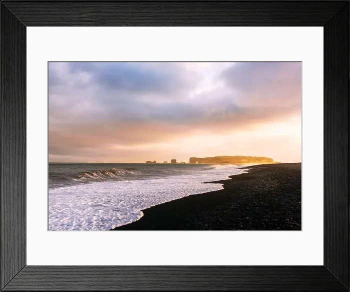 Framed Print : Incredible sunset light and large waves on Black beach, Vik, Iceland. Landscape photography Framed Print : Incredible sunset light and large waves on Black beach, Vik, Iceland. Landscape photography