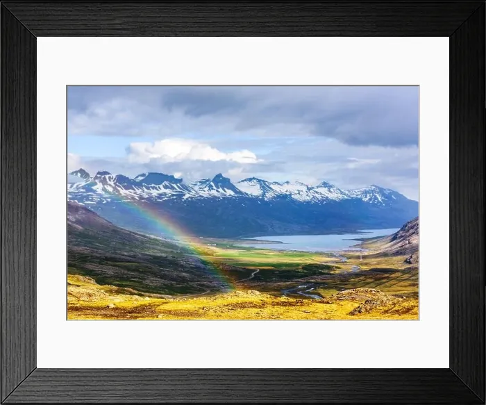 Framed Print : Gorgeous Icelandic landscape with fjord and rainbow on snowy mountains background Framed Print : Gorgeous Icelandic landscape with fjord and rainbow on snowy mountains background