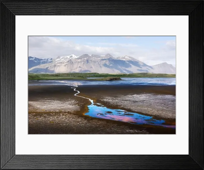Framed Print : Typical Iceland landscape with river and snowy mountains. Landscape photography Framed Print : Typical Iceland landscape with river and snowy mountains. Landscape photography