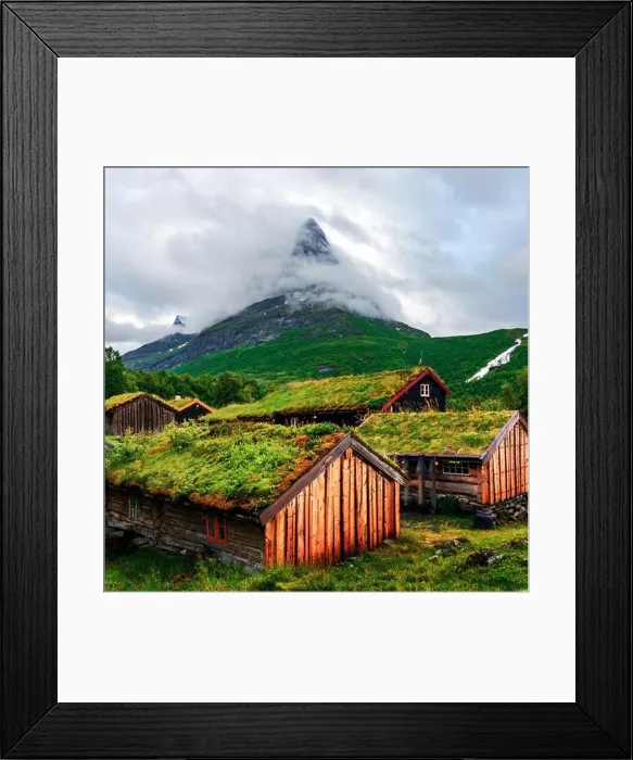 Framed Print : Typical norwegian old wooden houses with grass roofs in Innerdalen - Norway's most beautiful mountain valley, near Innerdalsvatna lake Framed Print : Typical norwegian old wooden houses with grass roofs in Innerdalen - Norway's most beautiful mountain valley, near Innerdalsvatna lake