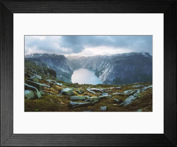Framed Print : Panorama of Ringedalsvatnet lake near Trolltunga rock - most spectacular and famous scenic cliff in Norway. Landscape photography Framed Print : Panorama of Ringedalsvatnet lake near Trolltunga rock - most spectacular and famous scenic cliff in Norway. Landscape photography