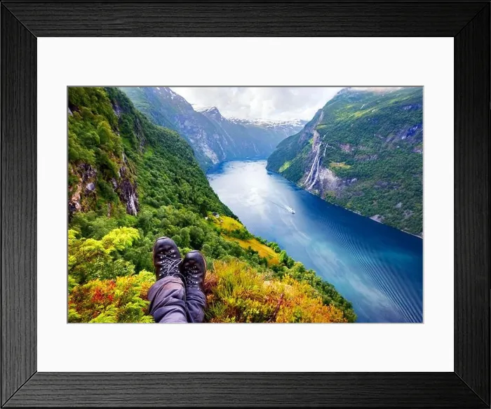 Framed Print : Breathtaking view of Sunnylvsfjorden fjord and famous Seven Sisters waterfalls, near Geiranger village in western Norway. Landscape photography Framed Print : Breathtaking view of Sunnylvsfjorden fjord and famous Seven Sisters waterfalls, near Geiranger village in western Norway. Landscape photography