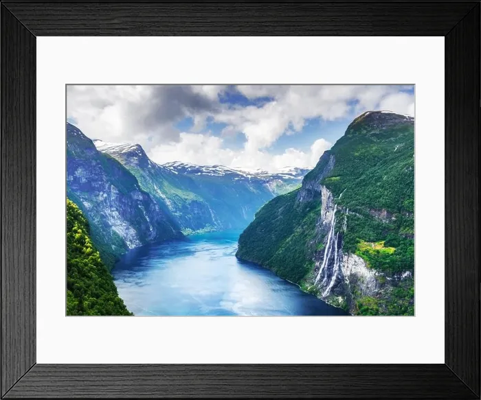 Framed Print : Breathtaking view of Sunnylvsfjorden fjord and famous Seven Sisters waterfalls, near Geiranger village in western Norway. Landscape photography Framed Print : Breathtaking view of Sunnylvsfjorden fjord and famous Seven Sisters waterfalls, near Geiranger village in western Norway. Landscape photography