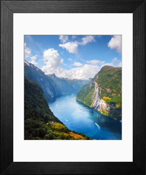 Framed Print : Breathtaking view of Sunnylvsfjorden fjord and famous Seven Sisters waterfalls, near Geiranger village in western Norway. Landscape photography Framed Print : Breathtaking view of Sunnylvsfjorden fjord and famous Seven Sisters waterfalls, near Geiranger village in western Norway. Landscape photography