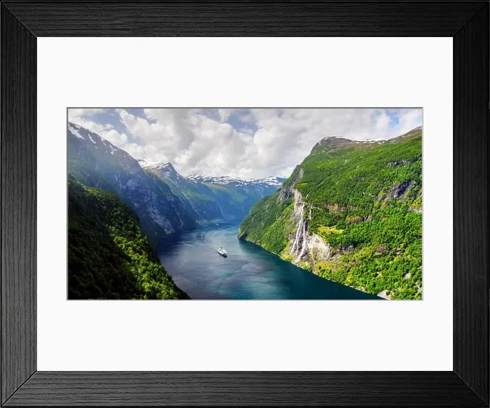 Framed Print : Panorama of breathtaking view of Sunnylvsfjorden fjord and famous Seven Sisters waterfalls, near Geiranger village in western Norway