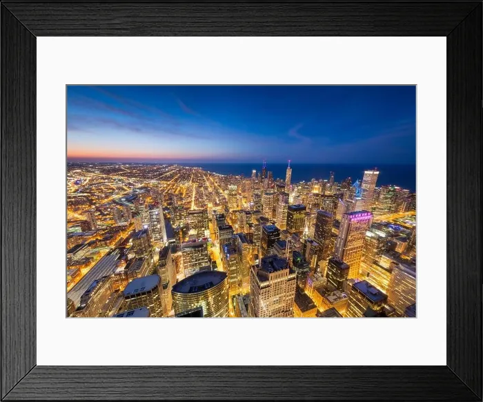Framed Print : Chicago, Illinois, USA aerial cityscape towards Lake Michigan at dusk Framed Print : Chicago, Illinois, USA aerial cityscape towards Lake Michigan at dusk