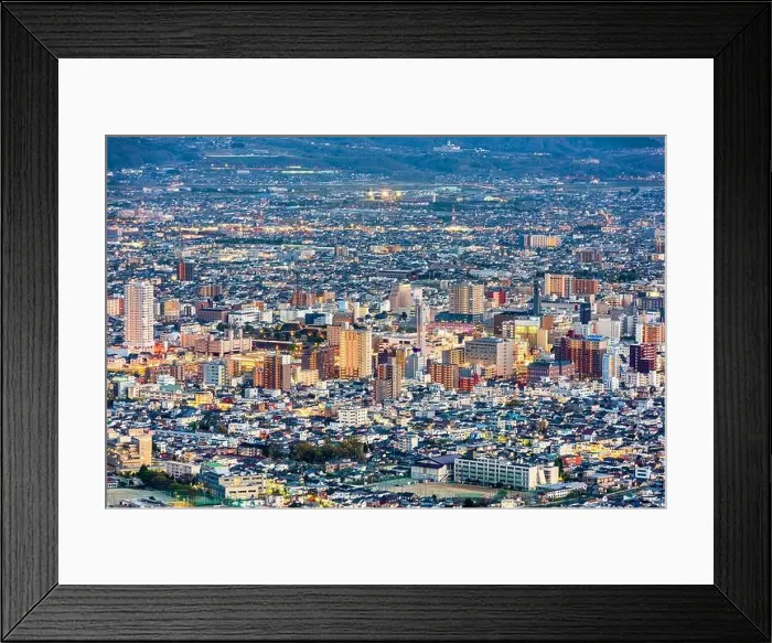 Framed Print : Kofu, Yamanashi, Japan downtown city skyline from the mountains at dusk Framed Print : Kofu, Yamanashi, Japan downtown city skyline from the mountains at dusk