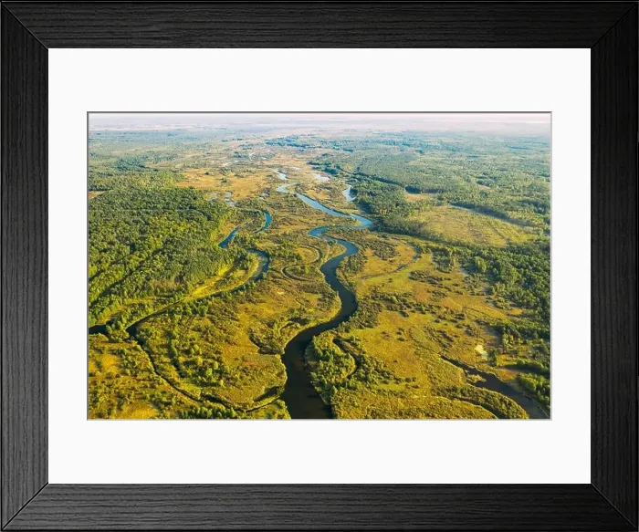 Framed Print : Aerial View Green Forest Woods And River Landscape In Sunny Summer Day. Top View Of Beautiful European Nature From High Attitude In Summer Season. Dro Framed Print : Aerial View Green Forest Woods And River Landscape In Sunny Summer Day. Top View Of Beautiful European Nature From High Attitude In Summer Season. Dro