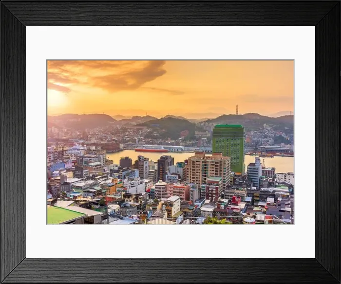 Framed Print : Keelung, Taiwan downtown city skyline on the bay at dusk Framed Print : Keelung, Taiwan downtown city skyline on the bay at dusk