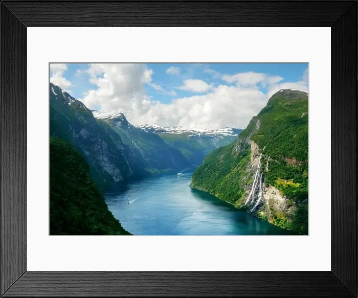 Framed Print : Breathtaking view of Sunnylvsfjorden fjord and famous Seven Sisters waterfalls, near Geiranger village in western Norway. Landscape photography Framed Print : Breathtaking view of Sunnylvsfjorden fjord and famous Seven Sisters waterfalls, near Geiranger village in western Norway. Landscape photography