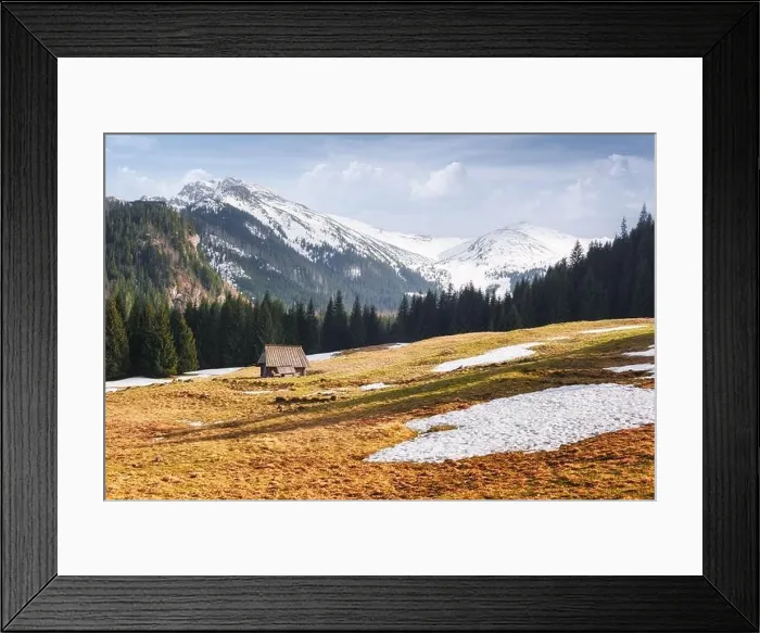 Framed Print : Old wooden hut in spring High Tatras mountains in Kalatowki meadow, Zakopane, Poland. Crocus flowers on a foreground. Landscape photography Framed Print : Old wooden hut in spring High Tatras mountains in Kalatowki meadow, Zakopane, Poland. Crocus flowers on a foreground. Landscape photography