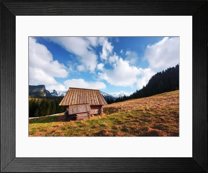 Framed Print : Old wooden hut in spring High Tatras mountains in Kalatowki meadow, Zakopane, Poland. Crocus flowers on a foreground. Landscape photography Framed Print : Old wooden hut in spring High Tatras mountains in Kalatowki meadow, Zakopane, Poland. Crocus flowers on a foreground. Landscape photography