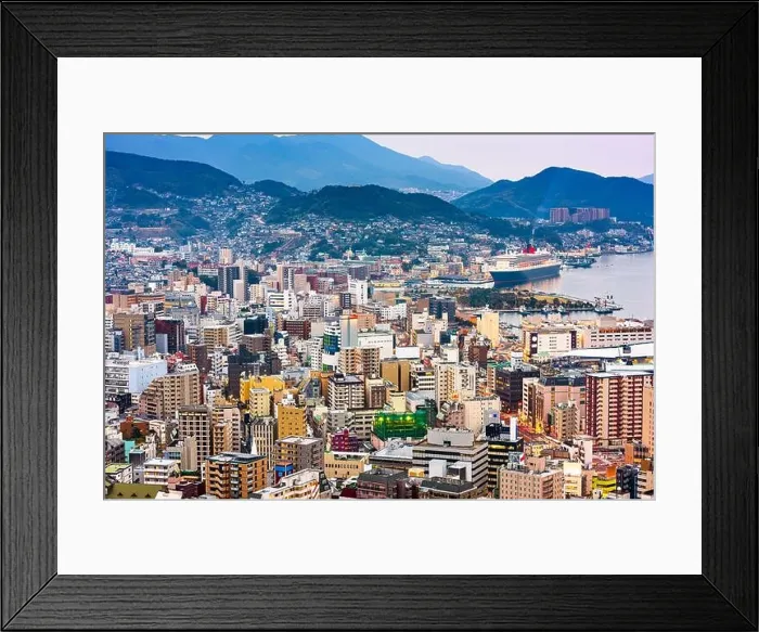 Framed Print : Nagasaki, Japan downtown cityscape on the bay at twilight Framed Print : Nagasaki, Japan downtown cityscape on the bay at twilight