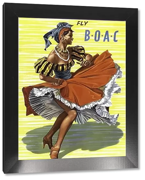1960's Vintage BOAC Airline Poster for Caribbean fly BOAC with colorful dancer in typical Caribbean festive dress