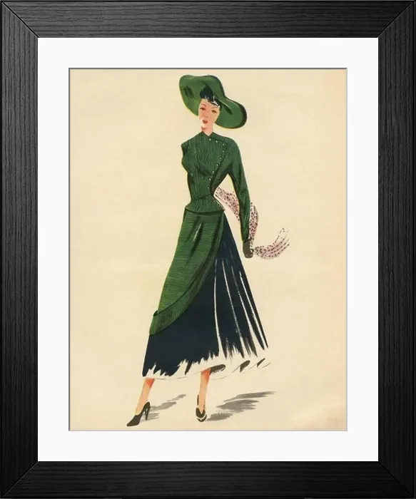 Framed Print : Woman fashion illustration drawing: Sketch of clothes and accessories, Italy 1940s Framed Print : Woman fashion illustration drawing: Sketch of clothes and accessories, Italy 1940s