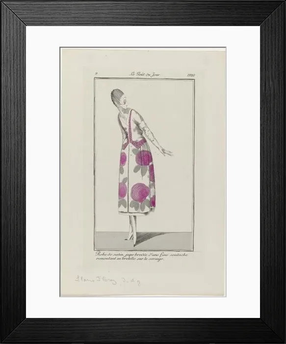 Framed Print : Woman in a satin dress with floral pattern. The skirt is embroidered with a thin soutache, like the bands on the bodice Framed Print : Woman in a satin dress with floral pattern. The skirt is embroidered with a thin soutache, like the bands on the bodice
