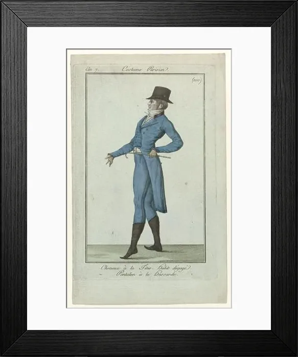 Framed Print : Haircut à la Titus. Habit Dégage vest and long pants or trousers à la hussarde. Accessories: hat, gloves, small cane, boots with pointed noses Framed Print : Haircut à la Titus. Habit Dégage vest and long pants or trousers à la hussarde. Accessories: hat, gloves, small cane, boots with pointed noses