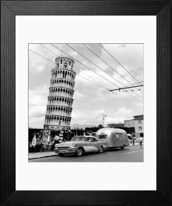 Framed Print : Buick pulling an Airstream Trailer in Pisa, Italy as part of a Wally Byam 1956 European Caravan