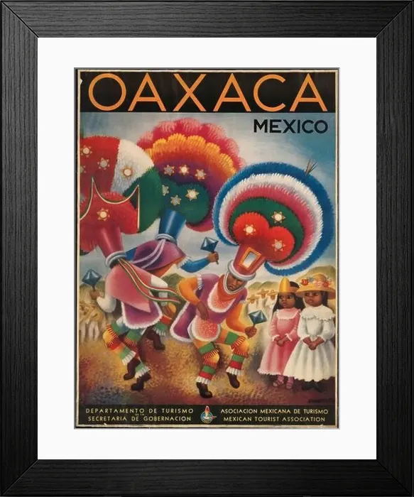 Framed Print : Colorful vintage travel poster of Oaxaca, Mexico, showing dancers at a Mexican fiesta Framed Print : Colorful vintage travel poster of Oaxaca, Mexico, showing dancers at a Mexican fiesta