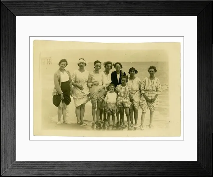 Framed Print : Original very clear 1920's era postcard of fashionable bathers, attractive women and girls, fashionable headbands and hairstyles Framed Print : Original very clear 1920's era postcard of fashionable bathers, attractive women and girls, fashionable headbands and hairstyles