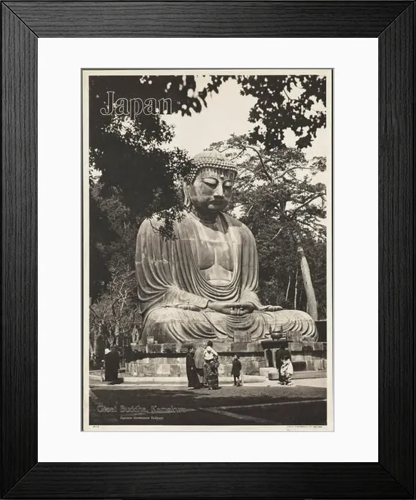 Framed Print : Colorful vintage Japanese Government Railways black and white travel poster of the Great Buddha sculpture in Kamakura, Japan Framed Print : Colorful vintage Japanese Government Railways black and white travel poster of the Great Buddha sculpture in Kamakura, Japan