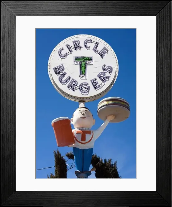 Framed Print : Circle T Burgers Sign and Boy outside a drive-in in Belen New Mexico Framed Print : Circle T Burgers Sign and Boy outside a drive-in in Belen New Mexico