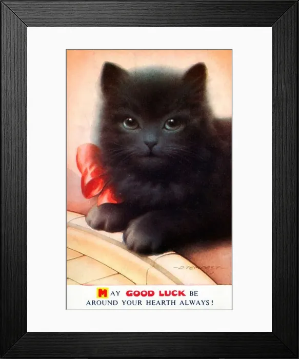 Framed Print : Good Luck Cat 1950s postcard with a lucky black cat to the fore and a pretty red silk bow to complete the ensemble Framed Print : Good Luck Cat 1950s postcard with a lucky black cat to the fore and a pretty red silk bow to complete the ensemble