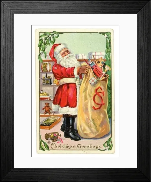 Framed Print : Original Edwardian era Christmas postcard of Santa with sack of toys, loading presents from his store shelves, circa 1907, U.K Framed Print : Original Edwardian era Christmas postcard of Santa with sack of toys, loading presents from his store shelves, circa 1907, U.K