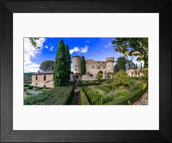 Framed Print : Italy, Tuscany landscape aerial drone view. Scenic medieval castle and hotel - Castello di Meleto in Chianti region Framed Print : Italy, Tuscany landscape aerial drone view. Scenic medieval castle and hotel - Castello di Meleto in Chianti region
