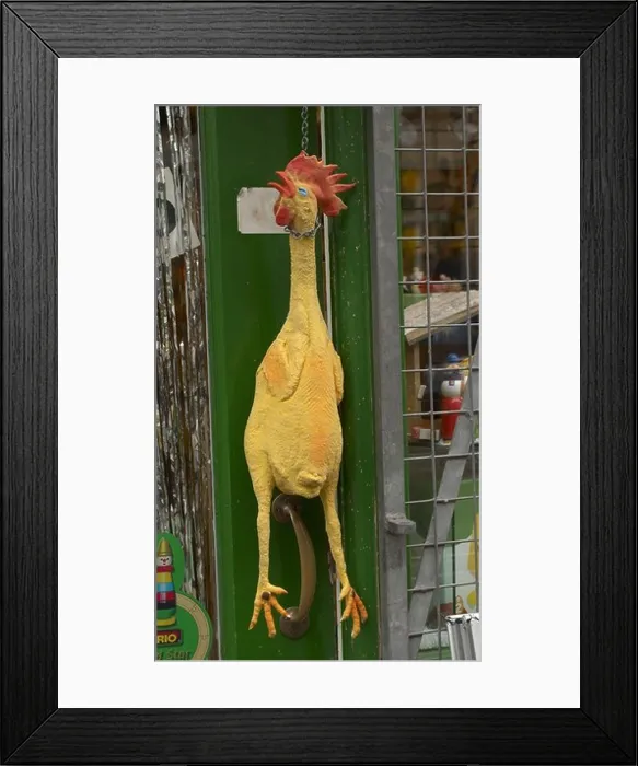 Framed Print : Plastic chicken hanging outside toy and novelties shop