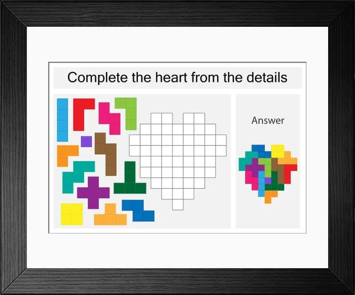 Framed Print : Puzzle game with colorful details for children, complete the heart, hard level, education game for kids, preschool worksheet activity Framed Print : Puzzle game with colorful details for children, complete the heart, hard level, education game for kids, preschool worksheet activity