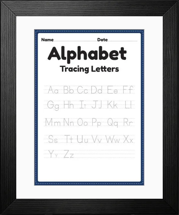 Framed Print : abc worksheet of tracing alphabet letters for kindergarten and preschool kids for handwriting practice and educational activities in a printable page